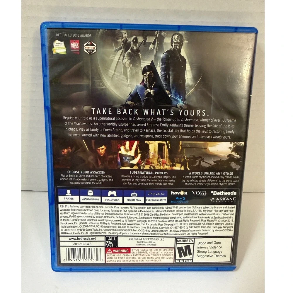 Dishonored 2 Sony PlayStation 4 PS4 Bethesda Arkane Studios with Controller Skin